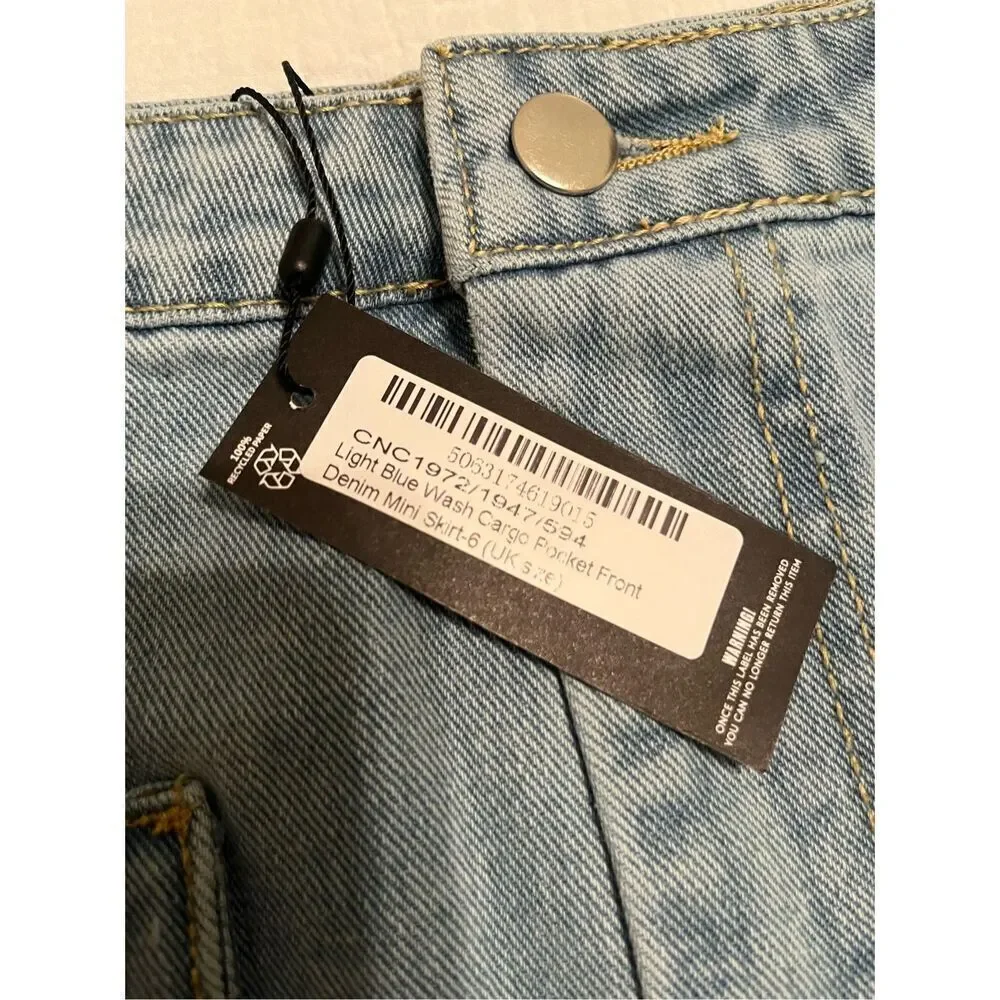 PrettyLittleThing Light Blue Front Pocket Cargo Micro Mini Denim Skirt NEW NWT